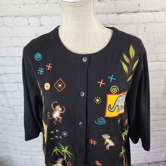 ONQUE CASUALS WOMEN'S BUTTON UP TOP ELEPHANTS AND MONKEYS SIZE LARGE - Picture 2 of 8